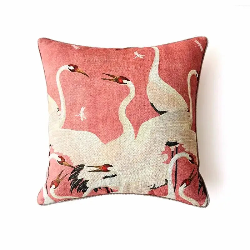 French retro pink velvet decorative cushion cover with embroidered white cranes for living room decor
