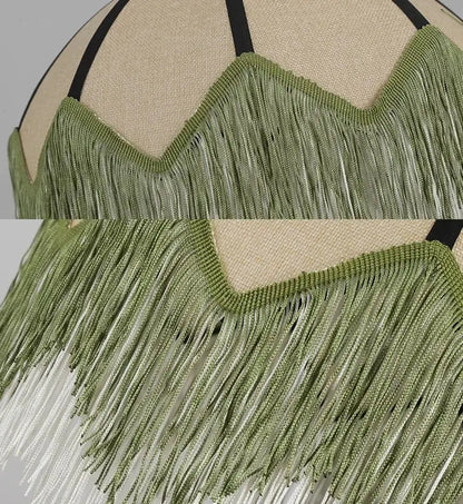 Olive green fringe top with black straps and textured woven neckline in decorbites french retro style bedroom decor