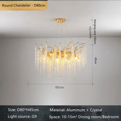 French romantic gold crystal branch chandelier round aluminum fixture with dangling crystal droplets by decorbites crystal branch