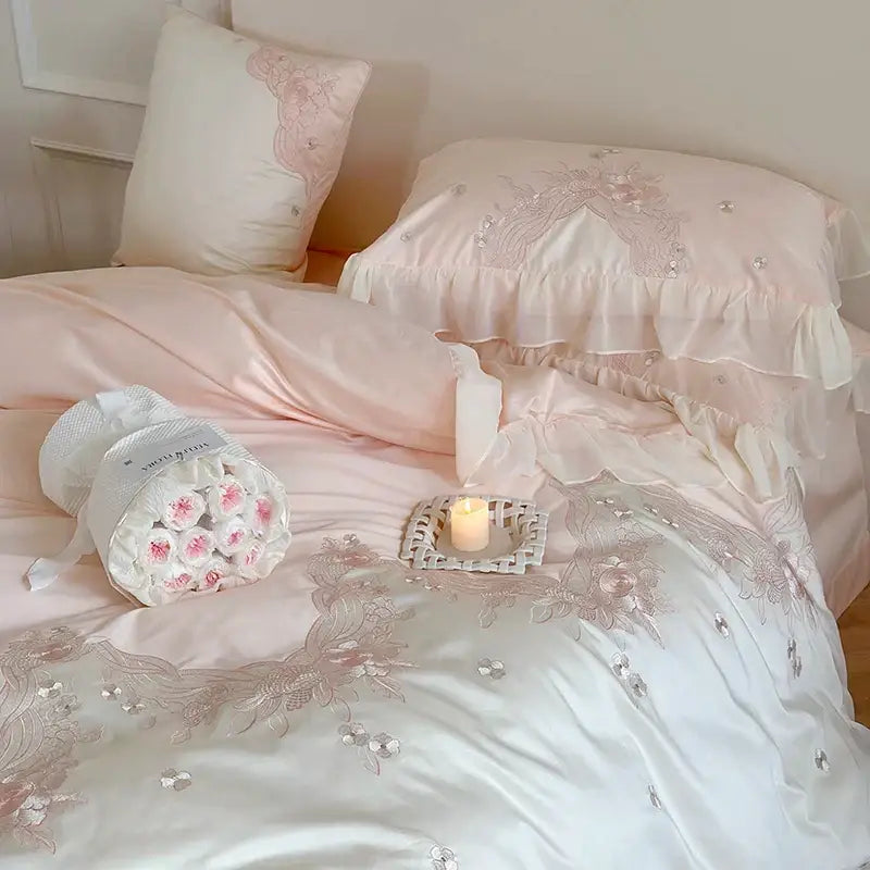 Pink satin bedding set with lace ruffles and delicate floral embroidery for decorbites french romantic bedroom decor