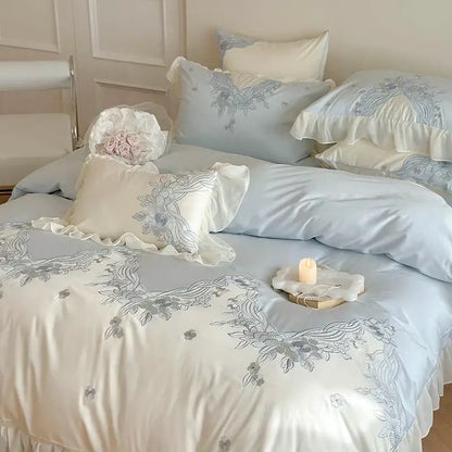 Delicate light blue and cream satin bedding set with floral lace ruffles from decorbites french romantic collection