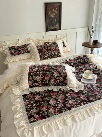 Elegant dark brown floral bedding set with cream ruffled cotton lace edges featuring decorbites french rose flowers design