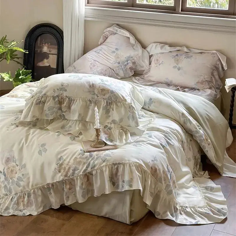 Cream-colored french rose flowers bedding set with delicate ruffles and soft satin-like finish by decorbites french rose