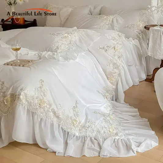 White satin bedding set with delicate lace and floral embroidery accents decorbites french rose flowers design