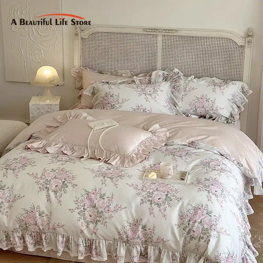 Pastel pink and white floral bedding set with delicate ruffles featuring decorbites french rose lace design