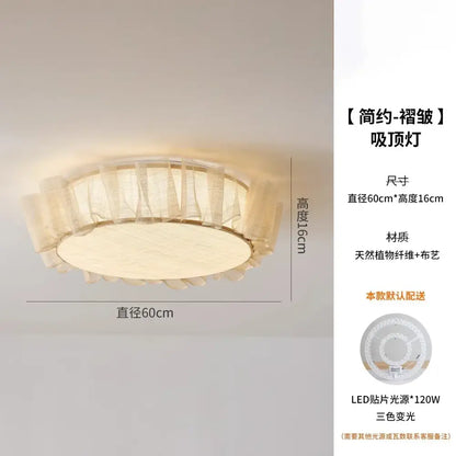 Cream wind led ceiling light with ruffled sheer fabric and natural plant fiber base for bedroom decorbites cream wind