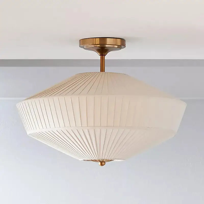 Cream-colored pleated fabric ceiling lamp with brass-finished metal frame decorbites french style fabric design
