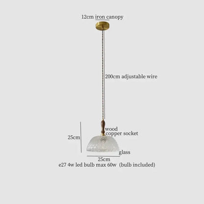 French style fluted clear glass led pendant light with frosted glass, wooden copper socket, and brass iron canopy