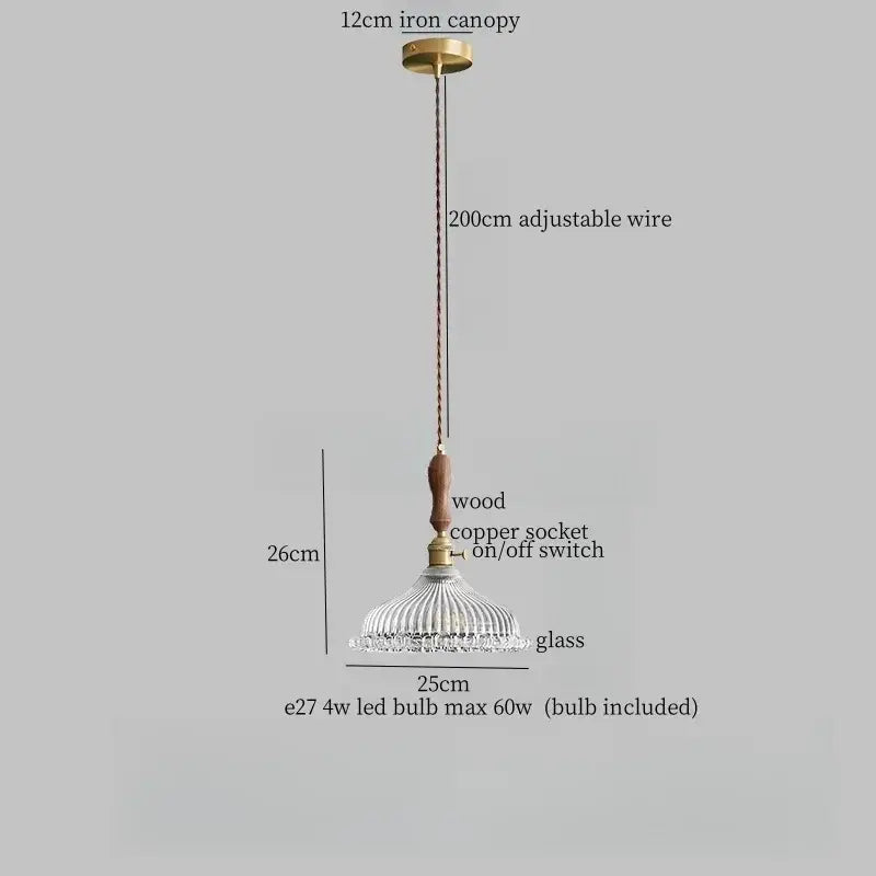 French style pendant light with brass iron canopy wooden handle copper socket and clear glass led vertical ridged shade