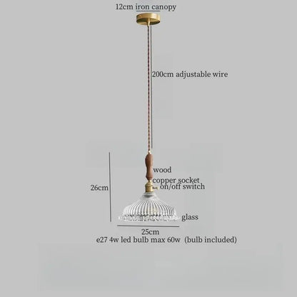 French style pendant light with brass iron canopy wooden handle copper socket and clear glass led vertical ridged shade