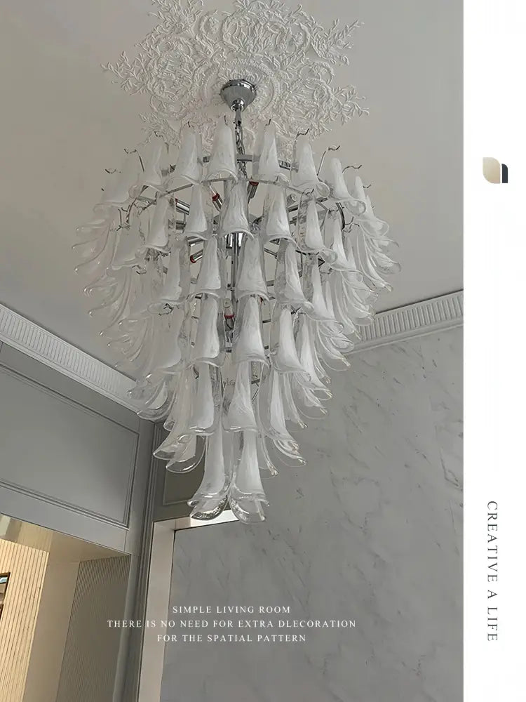 A multi-tiered decorbites french style glass chandelier with translucent white bell-shaped shades for living room decor
