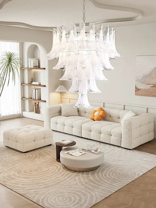 A french style glass chandelier with cascading translucent white tiers ideal for living room decorbites french style