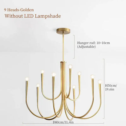 French style gold and black pendant light chandelier with nine curved arms and exposed bulbs for dining room lighting