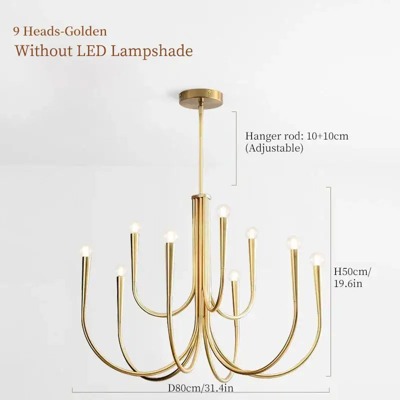 French style gold and black pendant light chandelier with nine curved arms and exposed bulbs for dining room lighting
