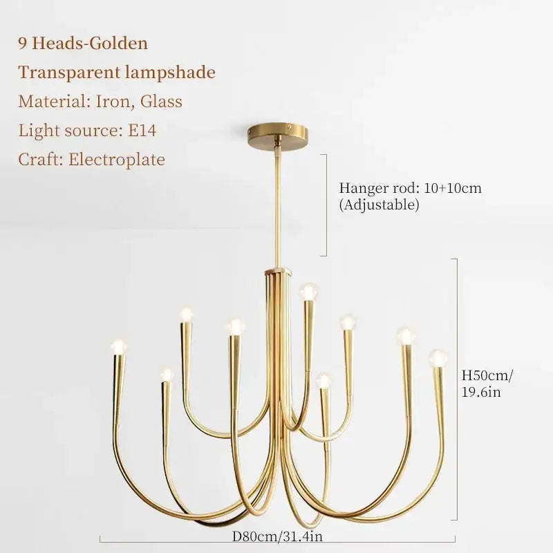 French style gold and black pendant light chandelier with nine curved iron arms and glass lampshades for dining room use