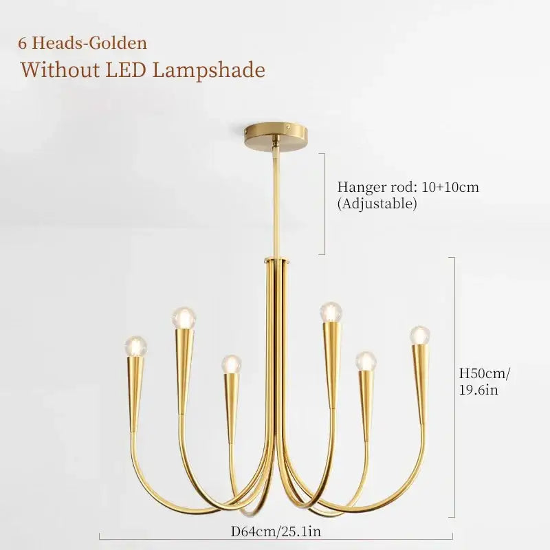 French style gold and black pendant light chandelier with six curved arms and exposed bulb fixtures for dining room