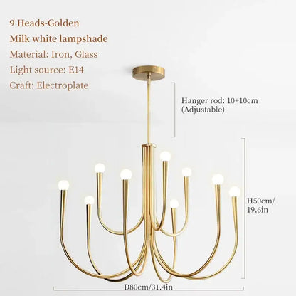 Golden electroplated French style pendant light chandelier with nine curved arms and milk white glass lampshades for dining room