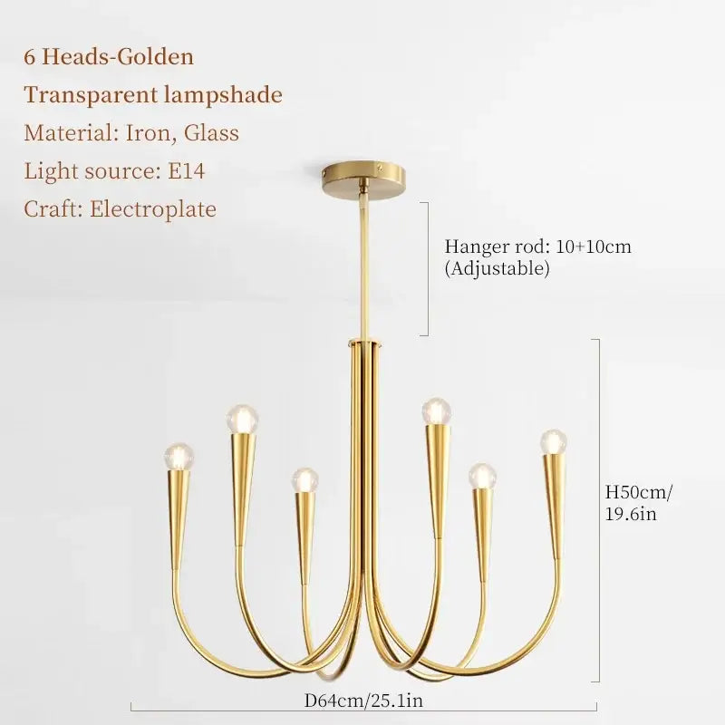 French style gold and black pendant light chandelier with six transparent glass lampshades and electroplated iron frame
