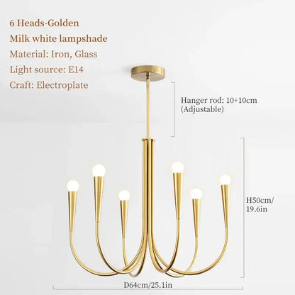 Golden six-head pendant light chandelier with milk white glass lampshades and electroplated iron frame for dining room