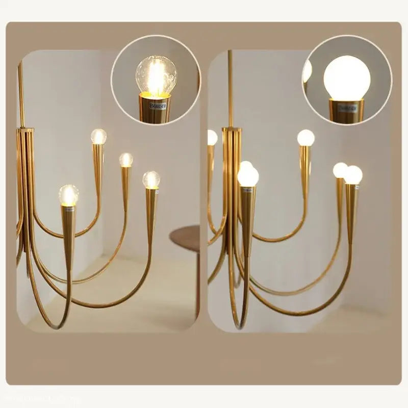 French style gold and black pendant light chandelier with slender curved arms and multiple spherical bulbs for dining room