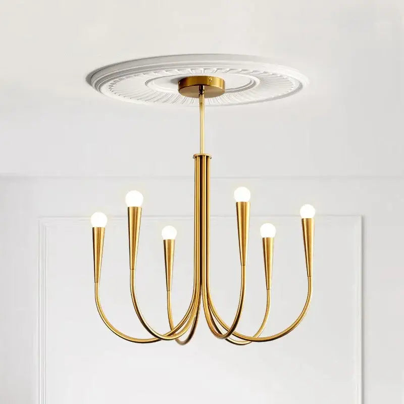 French style gold pendant light chandelier with six curved arms and frosted glass bulbs for dining room lighting