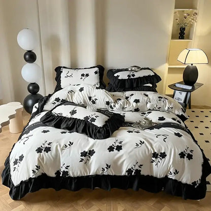 Black and white floral french vintage duvet cover set with cream ruffled edges for elegant bedroom bedding