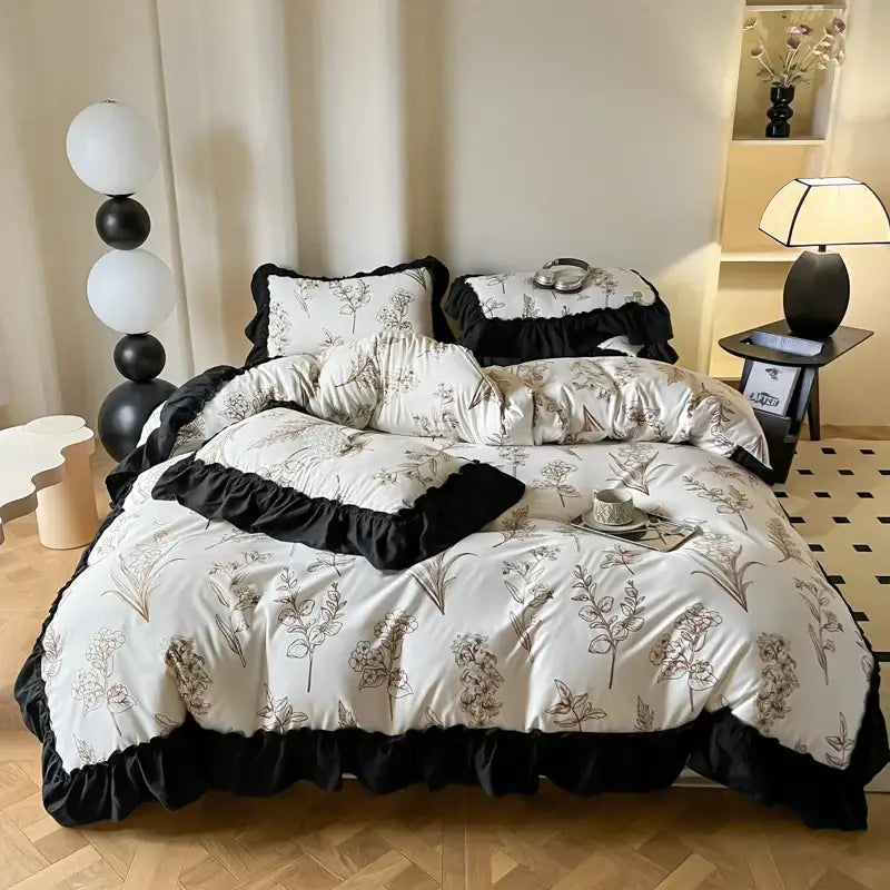 French vintage black and cream duvet cover set featuring white and black floral pattern with ruffled edges