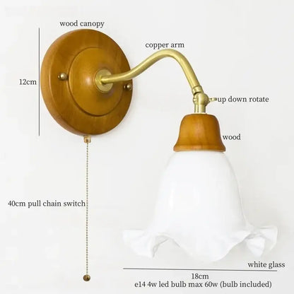 French vintage copper wall sconce with warm wood canopy white ruffled glass shade and brass pull chain switch decorbites french vintage decor