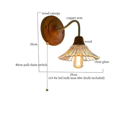 Antique style french vintage copper glass wall sconce with warm wood canopy and fluted clear glass shade for bedroom decor