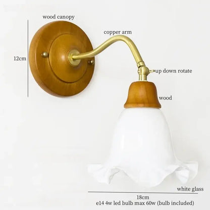 French vintage copper glass wall sconce with warm wooden canopy brass accents and ruffled white glass shade for decorbites bedroom decor