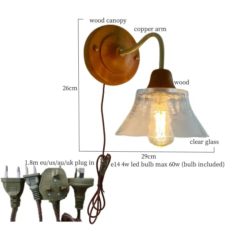 French vintage copper wall sconce with wooden canopy, curved arm, and glass shade for bedroom decorbites french vintage lighting