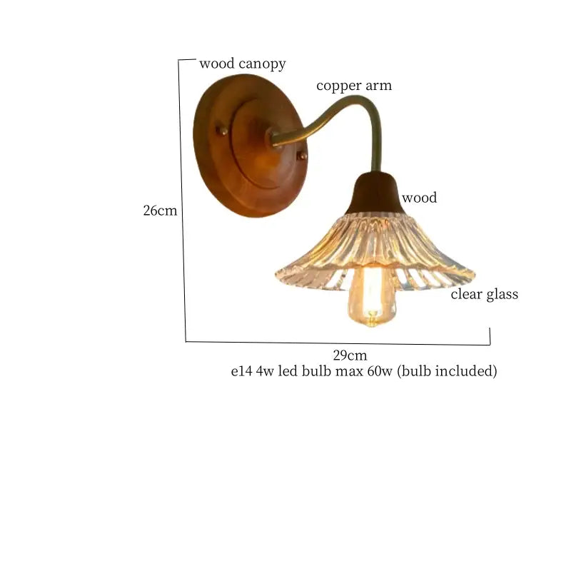 French vintage copper wall sconce with warm wooden canopy, elegant copper arm, and fluted glass shade by decorbites