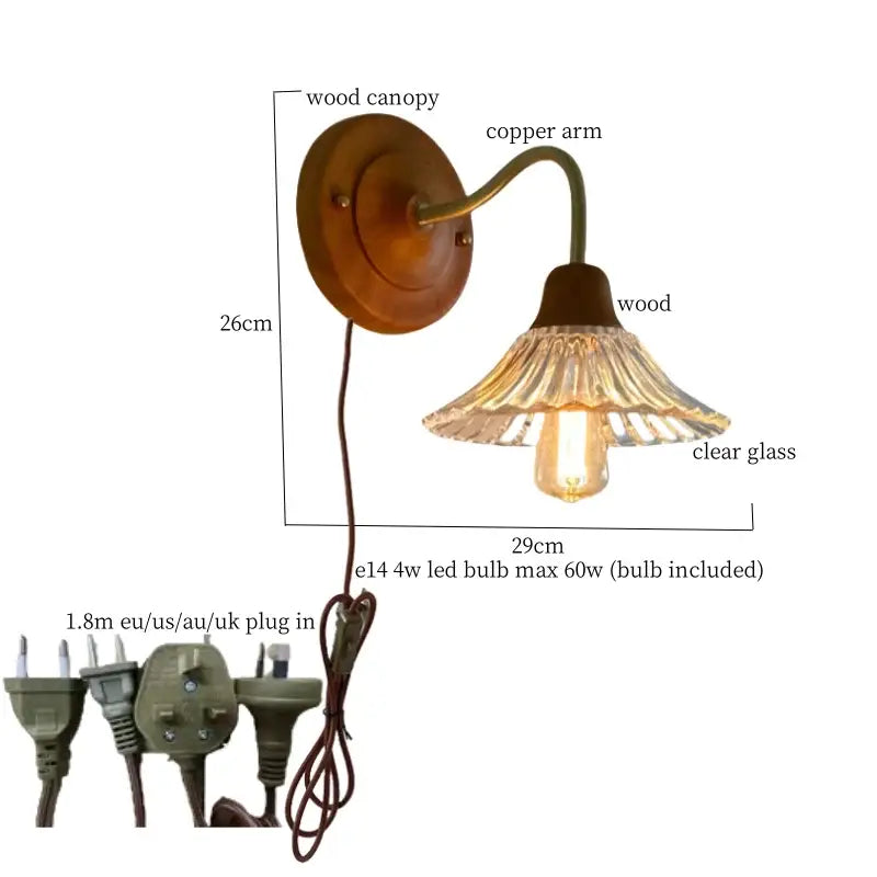 Rustic wall sconce with warm wood canopy curved french vintage copper arm and clear fluted glass shade decorbites french vintage