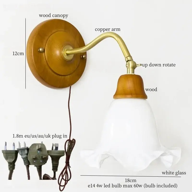 French vintage copper wall sconce with warm wood canopy, brass accents, and ruffled white glass shade by decorbites french vintage