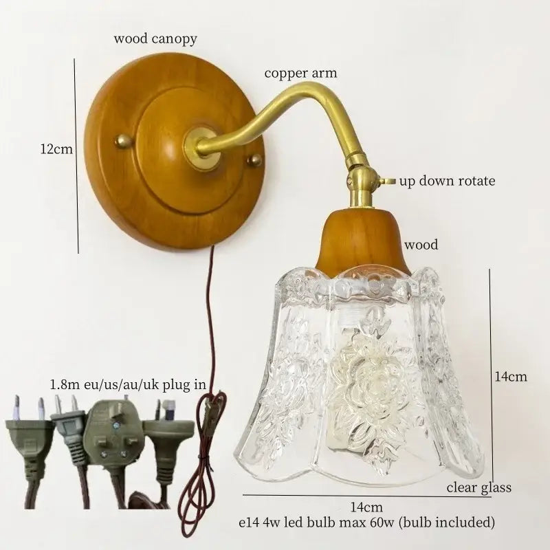 French vintage copper wall sconce with warm wood canopy brass adjustable arm and floral etched glass shade decorbites french vintage