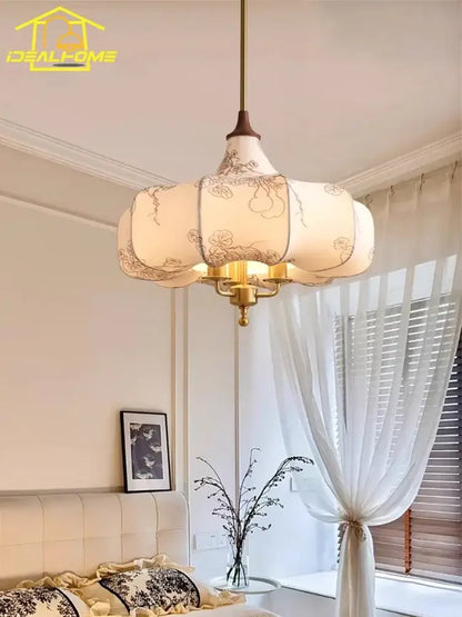 Cream-colored pendant light with gold floral embroidery and brass frame by Decorbites French vintage for bedroom decor