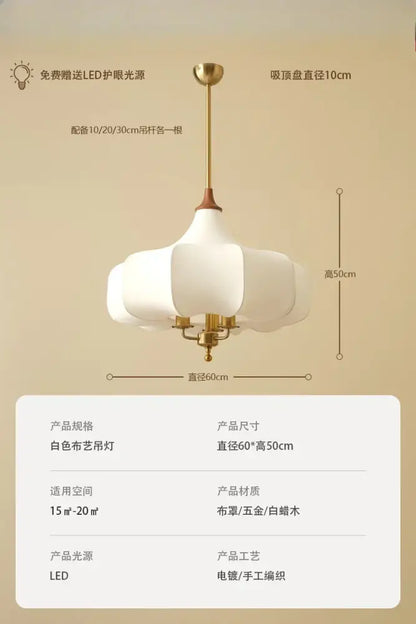 White fabric pendant lights with gold-toned metal frame and wooden accents featuring petal design for french vintage bedroom decorbites