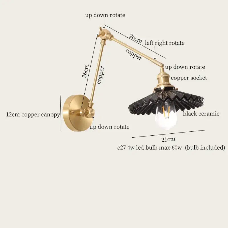 Adjustable copper wall sconce with black ceramic shade for decorbites cream resin led wall lights bedroom brass sconce