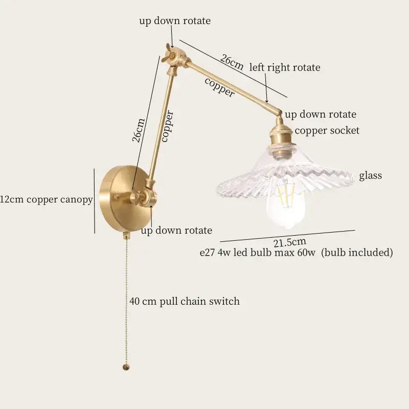 Adjustable copper wall lights with clear glass shade and included led bulb in decorbites cream resin led brass sconce style