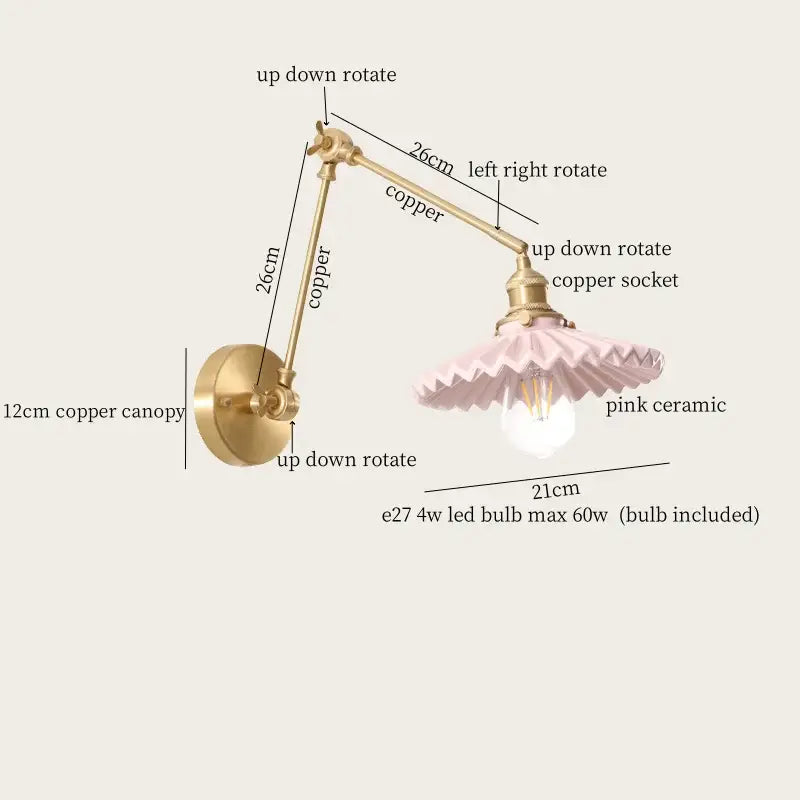 French vintage cream resin led wall lights with a delicate pink ceramic scalloped lampshade on an adjustable copper arm