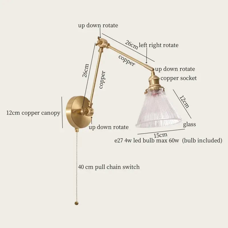 Adjustable copper wall sconce with clear glass shade in decorbites cream resin led french vintage brass wall lights