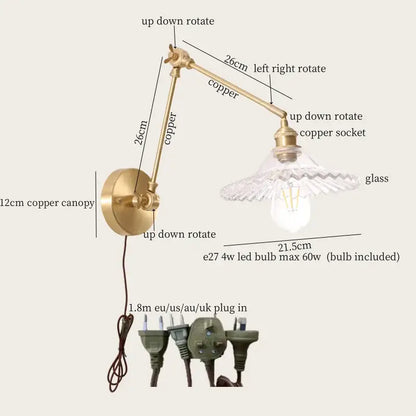 Adjustable copper wall sconce with clear glass shade and included led bulb for decorbites cream resin led wall lights