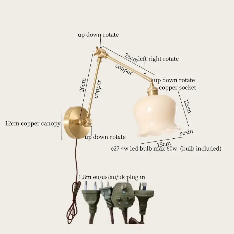 Copper adjustable wall lights with a cream resin led lampshade for French vintage bedroom decorbites cream resin sconce