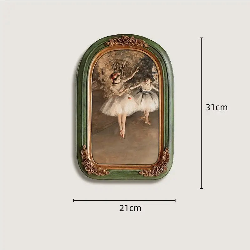 Green-framed french vintage cupid wall art featuring vintage-style ballerinas in white tutus for living room decor