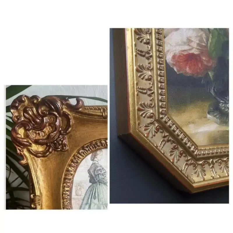 Golden ornate french vintage cupid gold and wood frame set with intricate scrollwork for living room wall decor
