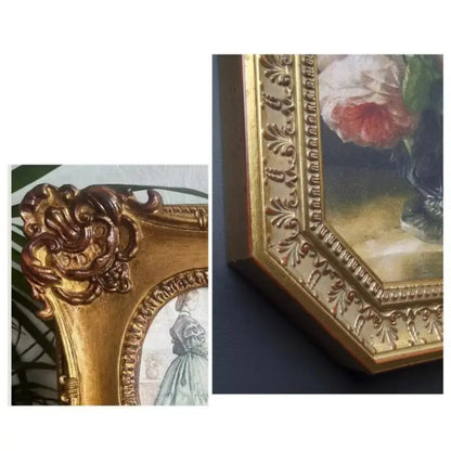 Golden ornate french vintage cupid gold and wood frame set with intricate scrollwork for living room wall decor