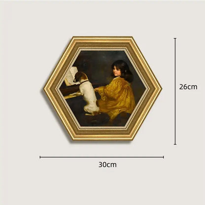 Golden hexagonal french vintage cupid artwork in gold and wood frame depicting child playing piano with dog decorbites french vintage