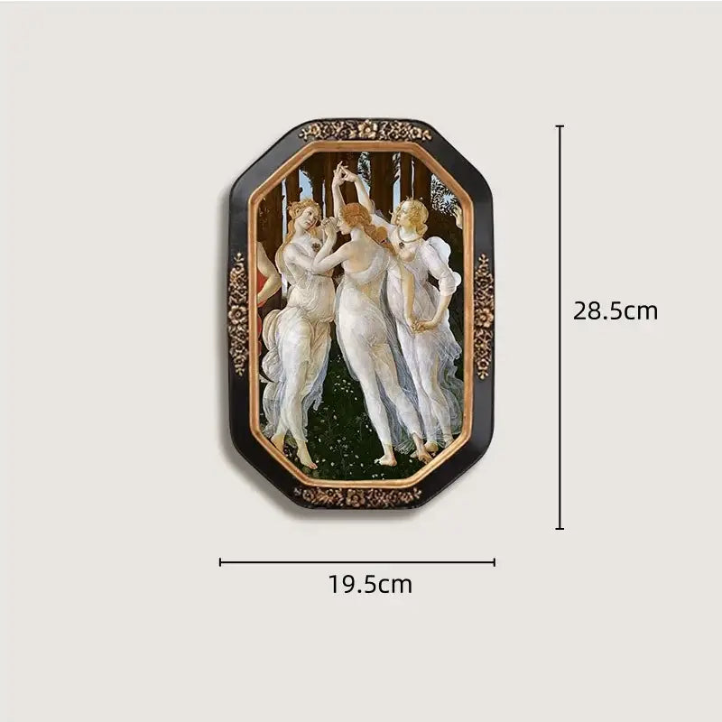 Black octagonal wall plaque with gold wood frame featuring french vintage cupid reproduction of the three graces painting