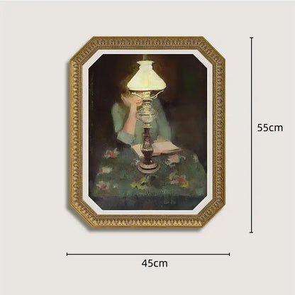 An ornate french vintage cupid gold and wood frame painting with a woman and antique lamp for living room decor