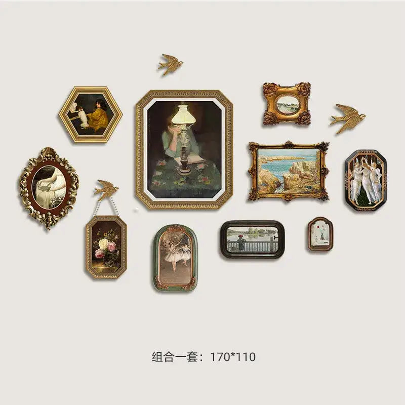 French vintage cupid gold and wood frame set with ornate antique-inspired painted scenes and decorative bird accents wall decor